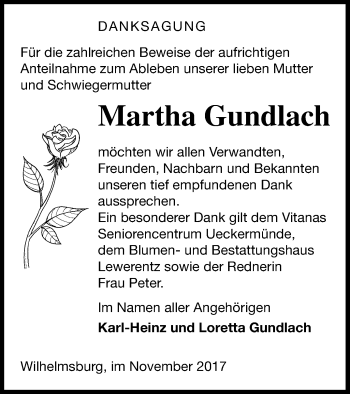 Traueranzeige von Martha Gundlach von Haff-Zeitung