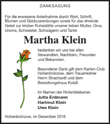 Traueranzeige von Martha Klein von Demminer Zeitung