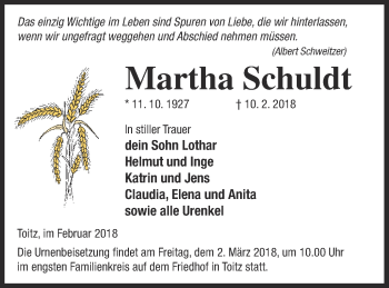 Traueranzeige von Martha Schuldt von Demminer Zeitung