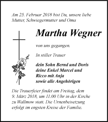 Traueranzeige von Martha Wegner von Prenzlauer Zeitung