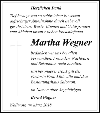 Traueranzeige von Martha Wegner von Prenzlauer Zeitung