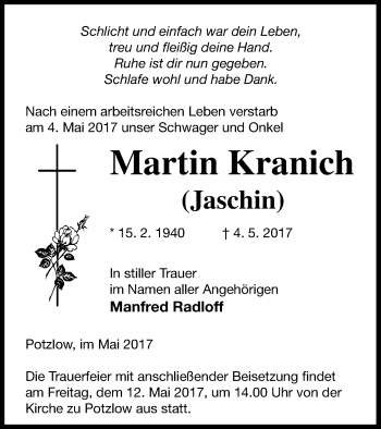 Traueranzeige von Martin Kranich von Prenzlauer Zeitung