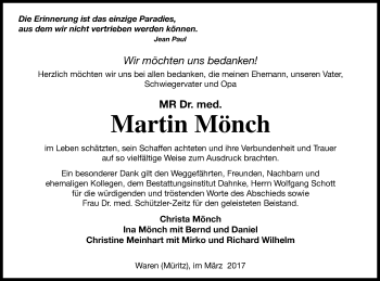 Traueranzeige von Martin Mönch von Müritz-Zeitung