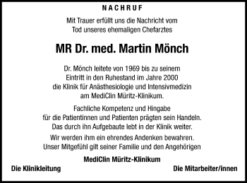 Traueranzeige von Martin Mönch von Müritz-Zeitung