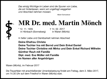 Traueranzeige von Martin Mönch von Müritz-Zeitung