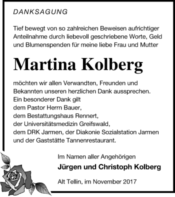 Traueranzeige von Martina Kolberg von Vorpommern Kurier