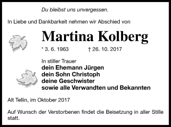 Traueranzeige von Martina Kolberg von Vorpommern Kurier