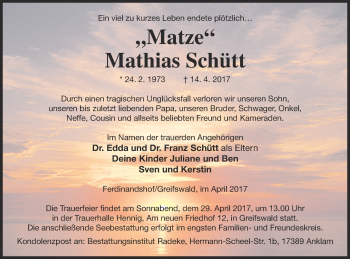 Traueranzeige von Mathias Schütt von Haff-Zeitung