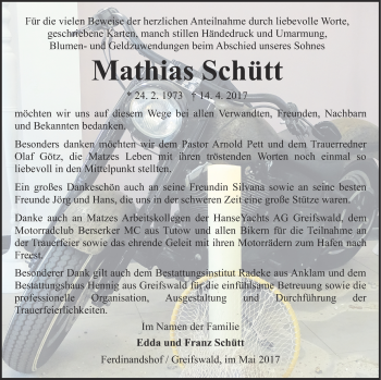 Traueranzeige von Mathias Schütt von Haff-Zeitung