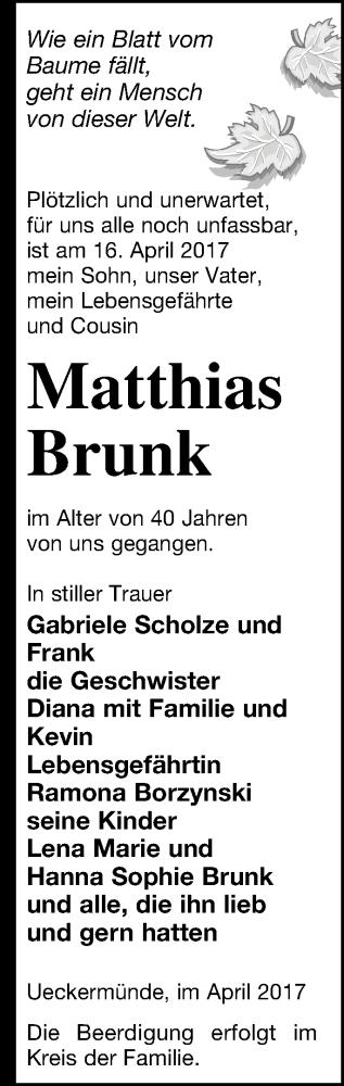 Traueranzeige von Matthias Brunk von Haff-Zeitung