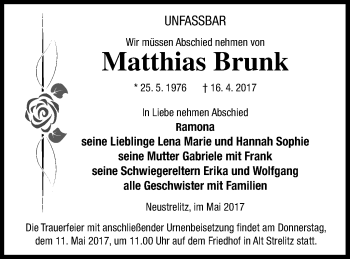 Traueranzeige von Matthias Brunk von Strelitzer Zeitung