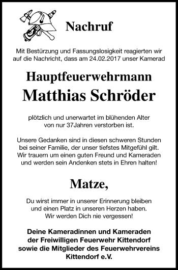 Traueranzeige von Matthias Schröder von Mecklenburger Schweiz