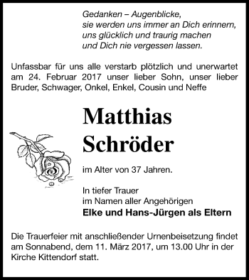 Traueranzeige von Matthias Schröder von Mecklenburger Schweiz