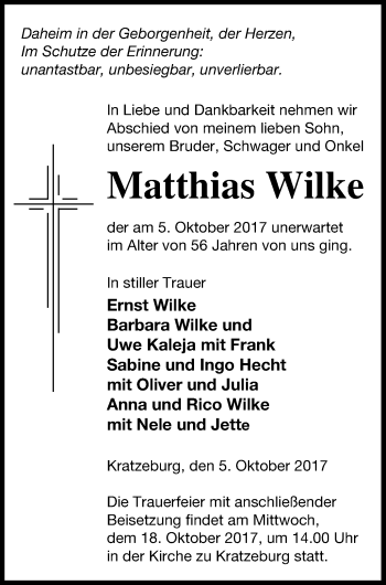 Traueranzeige von Matthias Wilke von Neubrandenburger Zeitung