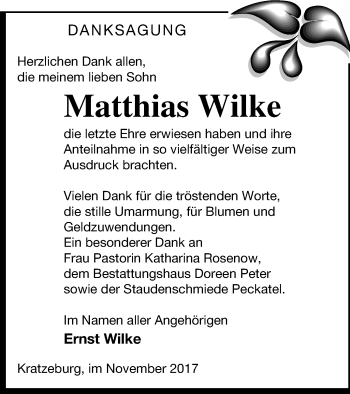 Traueranzeige von Matthias Wilke von Neubrandenburger Zeitung