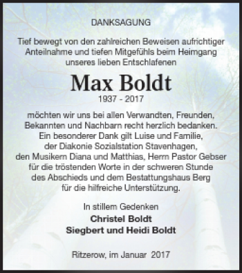 Traueranzeige von Max Boldt von Mecklenburger Schweiz