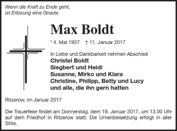 Traueranzeige von Max Boldt von Mecklenburger Schweiz