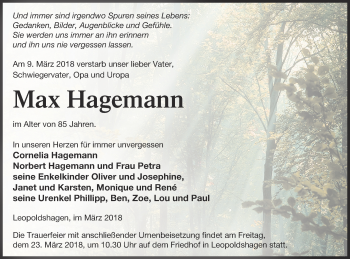 Traueranzeige von Max Hagemann von Haff-Zeitung