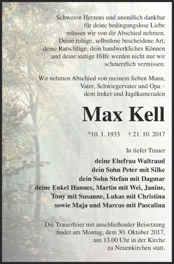 Traueranzeige von Max Kell von Neubrandenburger Zeitung