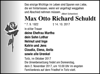 Traueranzeige von Max Otto Richard Schuldt von Demminer Zeitung