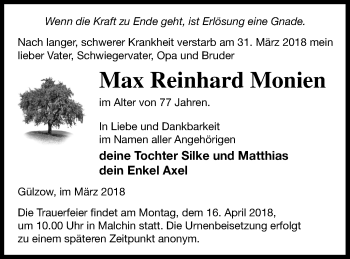 Traueranzeige von Max Reinhard Monien von Mecklenburger Schweiz