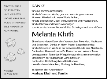 Traueranzeige von Melania Kluth von Demminer Zeitung