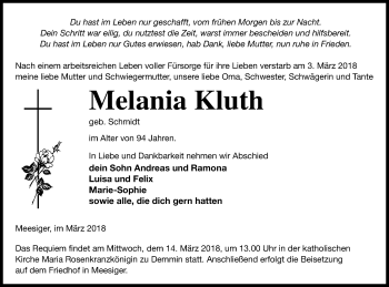 Traueranzeige von Melania Kluth von Demminer Zeitung