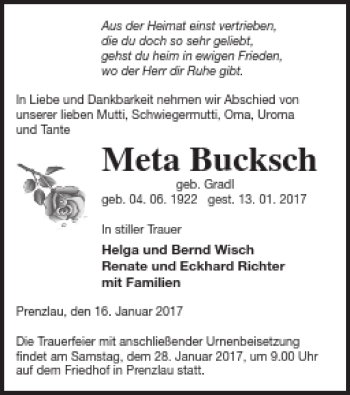 Traueranzeige von Meta Bucksch von Prenzlauer Zeitung