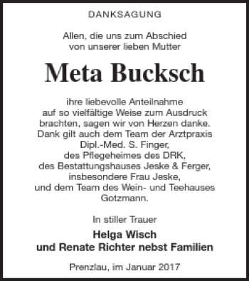 Traueranzeige von Meta Bucksch von Prenzlauer Zeitung