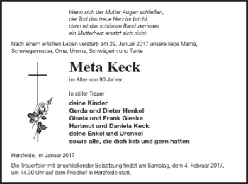 Traueranzeige von Meta Keck von Templiner Zeitung