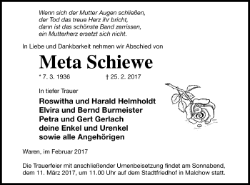 Traueranzeige von Meta Schiewe von Müritz-Zeitung