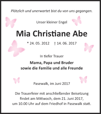 Traueranzeige von Mia Christiane Abe von Pasewalker Zeitung