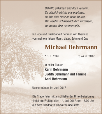 Traueranzeige von Michael Behrmann von Haff-Zeitung
