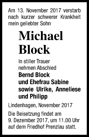 Traueranzeige von Michael Block von Prenzlauer Zeitung