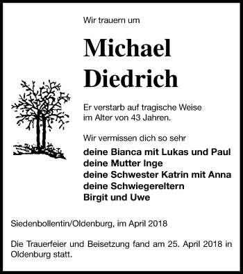 Traueranzeige von Michael Diedrich von Neubrandenburger Zeitung