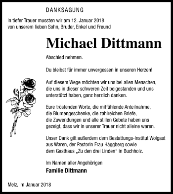 Traueranzeige von Michael Dittmann von Müritz-Zeitung