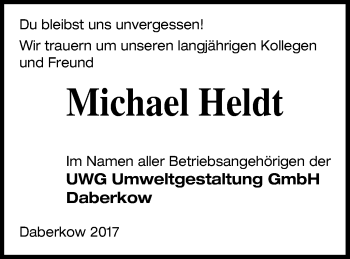 Traueranzeige von Michael Heldt von Vorpommern Kurier