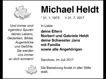 Traueranzeige von Michael Heldt von Demminer Zeitung