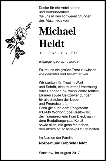 Traueranzeige von Michael Heldt von Demminer Zeitung