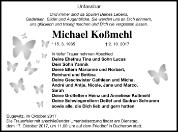 Traueranzeige von Michael Koßmehl von Vorpommern Kurier