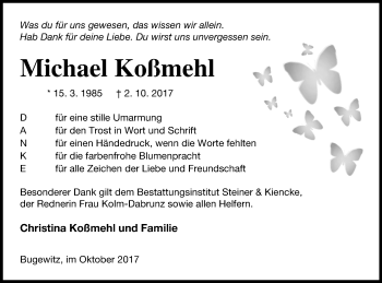 Traueranzeige von Michael Koßmehl von Vorpommern Kurier