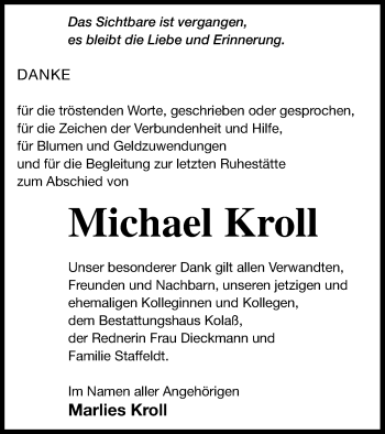 Traueranzeige von Michael Kroll von Demminer Zeitung