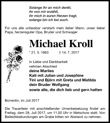 Traueranzeige von Michael Kroll von Mecklenburger Schweiz