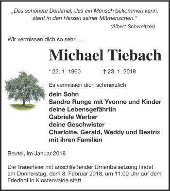 Traueranzeige von Michael Tiebach von Templiner Zeitung