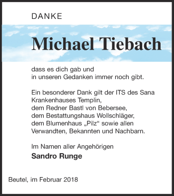 Traueranzeige von Michael Tiebach von Templiner Zeitung