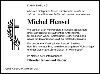 Traueranzeige von Michel Hensel von Templiner Zeitung