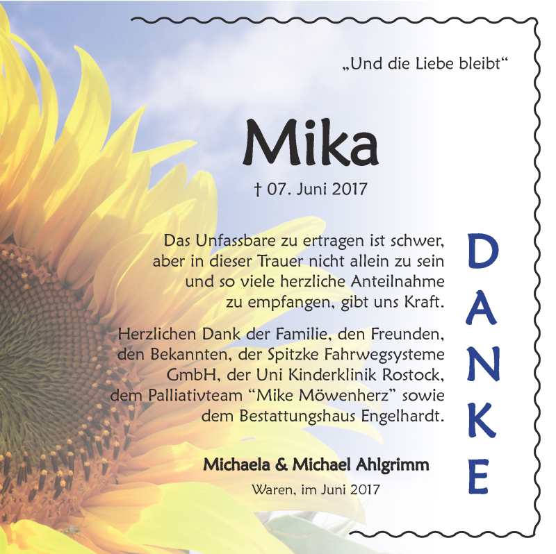  Traueranzeige für Mika Ahlgrimm vom 07.07.2017 aus Mecklenburger Schweiz