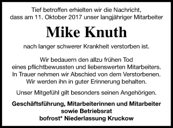 Traueranzeige von Mike Knuth von Vorpommern Kurier