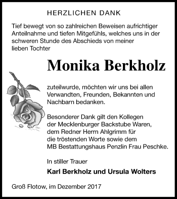 Traueranzeige von Monika Berkholz von Müritz-Zeitung