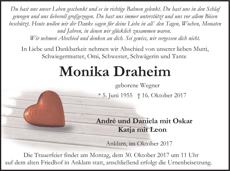  Traueranzeige für Monika Draheim vom 21.10.2017 aus Vorpommern Kurier